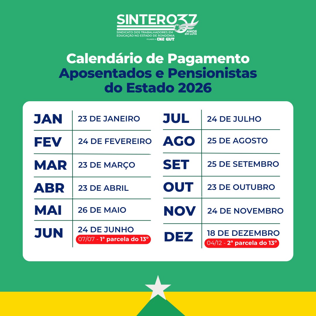 Calend&aacute;rio Aposentados e Pensionista 2026